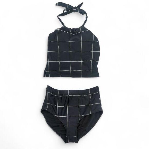 NWT Janela Bay Black Windowpane Halter Tankini Size Medium Modest Swimsuit Set - Picture 1 of 13